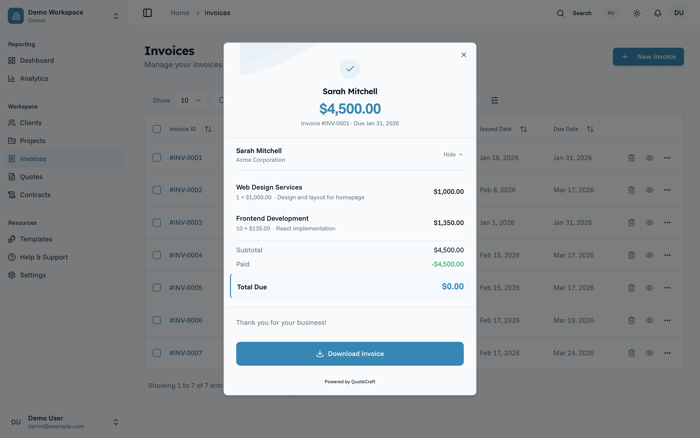 Oreko invoice list with payment status tracking and $4,500 paid modal