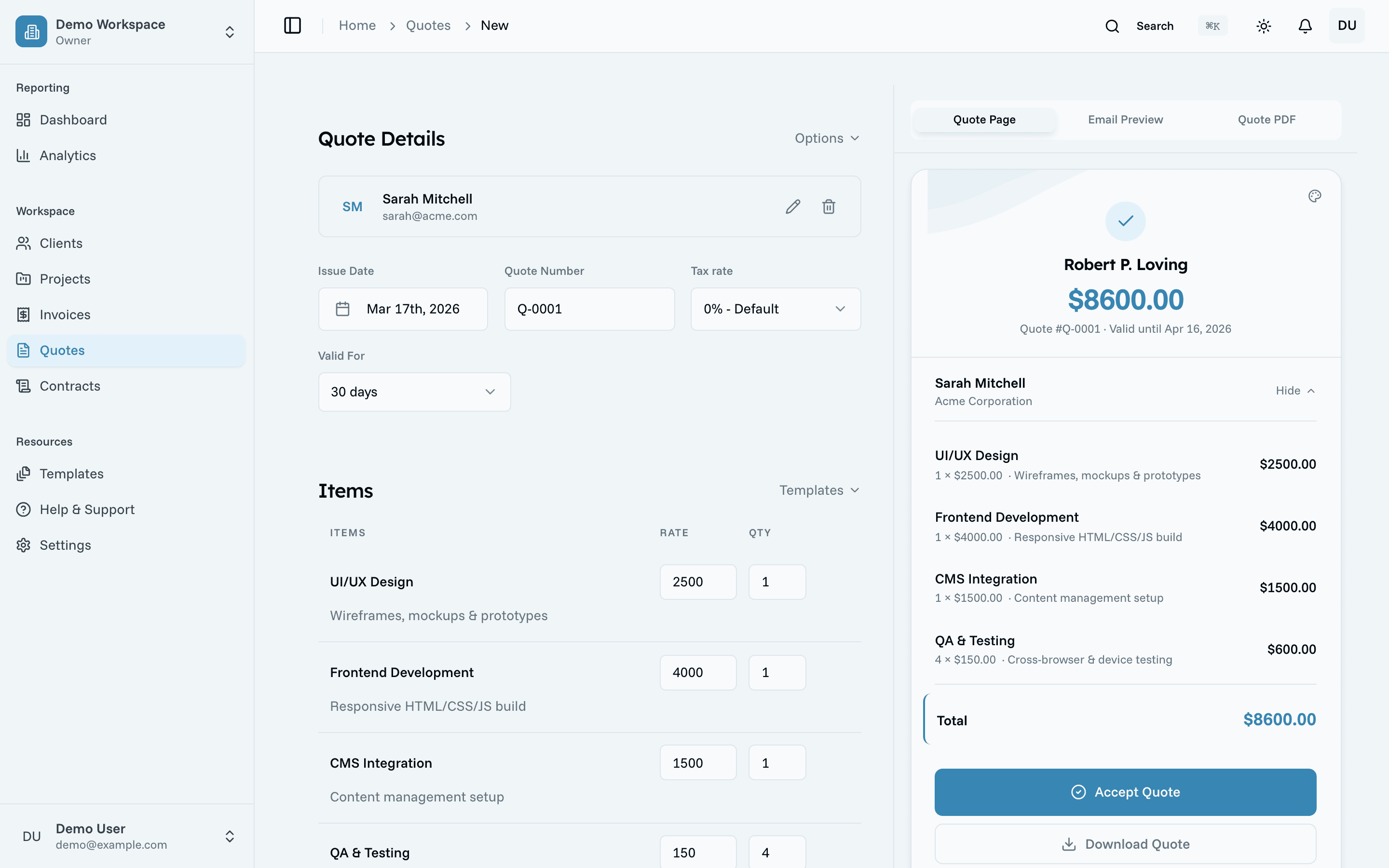 Oreko quote builder with line items, totals, and live preview